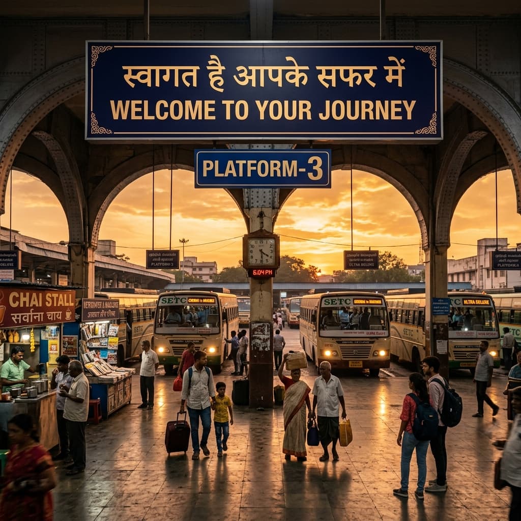 Indian bus terminal golden hour